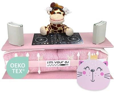 Windeltorte ® DJ Pult [ Musiker & Deejays aufgepasst] - Geburtsgeschenke - Stofftier - Kuscheltier - Geschenk für das Baby - Taufgeschenk - Pullerparty - Pinkelparty - Spucktuch (Rosa/Mädchen)