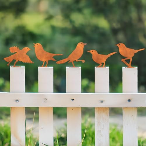 GULURUKIO Rusty Bird Silhouette Set mit 5 Stück – Zaundekorationen für den Außenbereich, Metallvögel, Bastelstatue, Ornamente – perfekte Hofkunst und große Outdoor-Ornamente, Zaunspitze und