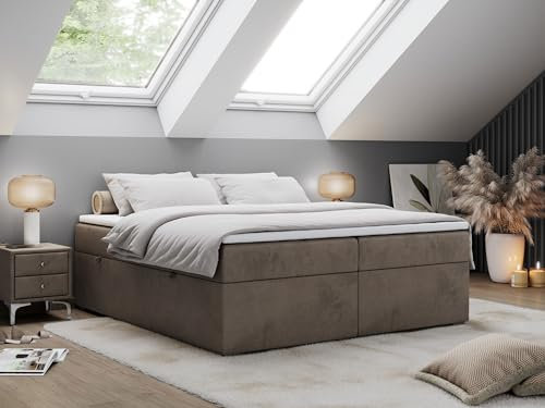 MKS MEBLE Boxspringbett 200x200 ohne Kopfteil mit Bettkasten, Bett 200x200 niedriges Kopfteil, Polsterbett 200x200 ohne Kopfteil - Bess - Braun Velvet - H3