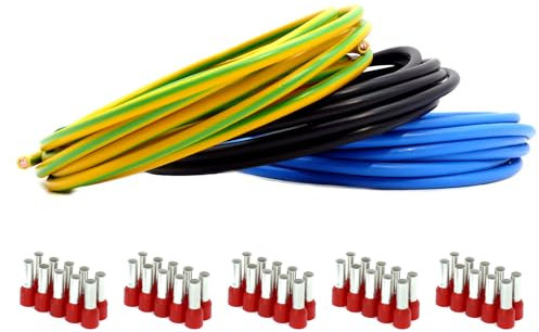 Event-Kabel&more-Set Verdrahtungssatz je 5m schwarz, blau, grün/gelb Aderleitung flexibel H07V-K 10 mm² inkl. Aderendhülsen 10mm2 für Zählerschrank Verteilung (Set 3x 5 Meter & 50 AEH)