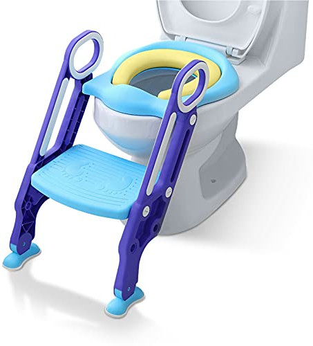 LILIIN Kinder Toilettensitz mit Treppe, Toilettentrainer Klappbar Höhenverstellbar Töpfchen Lerntöpfchen & Rutschfest Pedal mit PU Gepolstert, für Kleinkinder, Blau und Lila