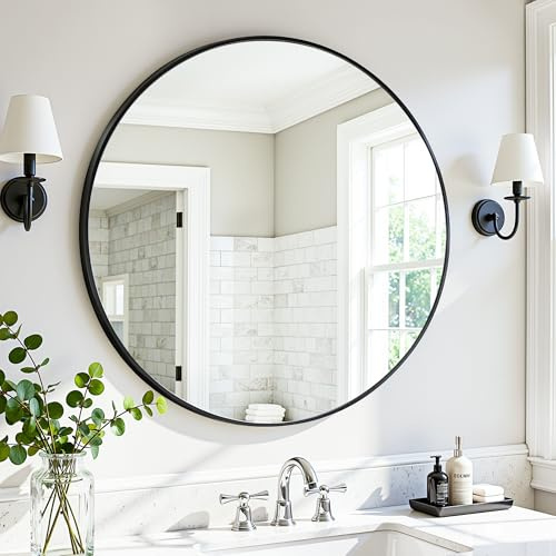 Antok Spiegel Rund, 52cm Schwarz Dekorative Wandspiegel für Bad, Eitelkeit, Wohnzimmer, Eingangsbereich, Runder Spiegel Hängend oder Lehnend, Aluminium Rahmen