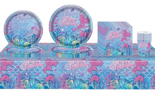 yayafunfun 69PCS Mermaid Birthday Party Decorations Set Mermaid Birthday Party Supplies Mermaid Tableware Set Include Plates,Cups Napkins,Mermaid tablecloth for Girls Baby Shower Ocean Party Supplies(16 Guests)