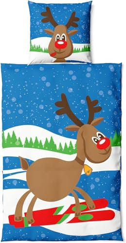 VertriebsArena GmbH 4 tgl. Biber Bettwäsche Weihnachten Bettwäsche-Set ** Winter Elch **, 2X Kopfkissenbezug 80 x 80 cm, 2X Bettbezug 135 x 200 cm, 100% Baumwolle