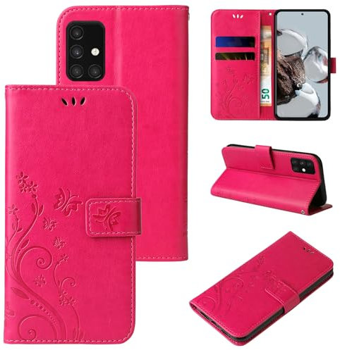 LBH Handy Hülle für Samsung Galaxy A71 Case Handytasche Schmetterling Blumen Flower Standfunktion Schutzhülle Magnet Rundum Schutz 360 Grad Flipcase Cover Pink