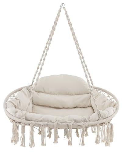 RELAX4LIFE 2-Seater Hanging Hammock Chair, Hand-Woven Cotton-Polyester Blend Macrame Rope Chair with Cushion, Indoor Outdoor Boho Tassels Swing Chair for Porch Balcony Backyard (without Stand)