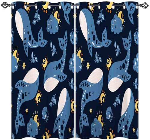 ANHOPE Ozean Blau Wal Mond Sterne Blickdichte Gardinen mit Ösen Thermo Vorhänge Blackout Curtain Kinder Jungen Mädchen Verdunklungsvorhänge Wohnzimmer Schlafzimmer Vorhang 2er Set H 160 x B 132 cm