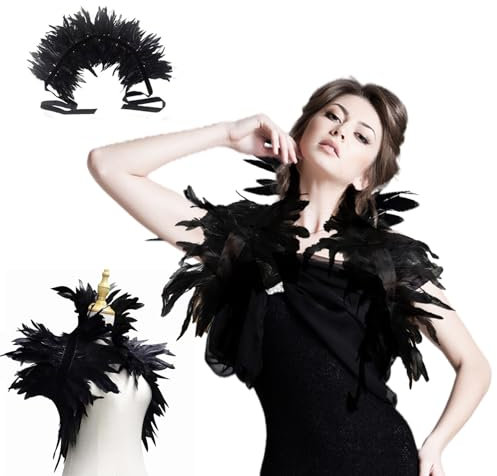 Hyfkjdm Gothic Federkragen, Achselzucken, Umhang Kostüm, Cape, Epauletten, Feathe, Schwarz Damen für Halloween Fasching Karneval Cosplay Maskerade