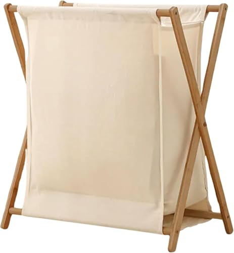 Premium Wäschekorb faltbar und schmal mit Bambusgestell (60 Liter, Creme) - Faltbarer Wäschesammler Wäschebox mit Holz-Gestell ideal auch als Organizer - Kleiderkorb platzsparend (Zusammenklappbar)