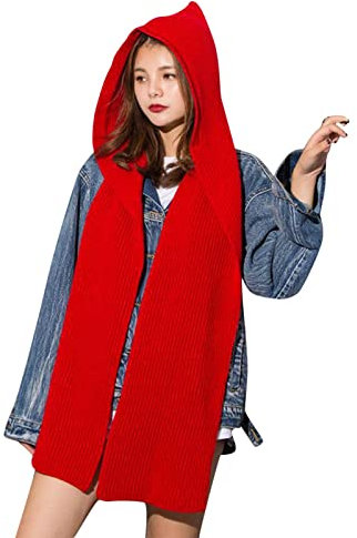 Solides 2-in-1-Strick-Kapuzenschal-Set, Wintermelonen-Kappe, warm, dick, Zopfstrickmütze, Schal, Set, dehnbar, athletische Mützen, Schal, Set für Damen, handgestrickter Schal für Damen, rot, One size