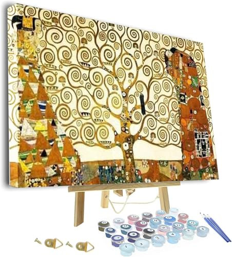 ZEYUPAIN Peinture par numéro pour adultes, peinture par Gustav Klimt L'arbre de vie Stoclet Frise peinture par numéros pour adultes débutants Peinture par numéros encadrée et chevalet