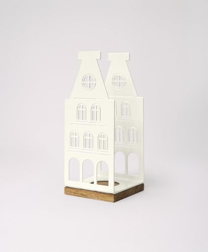 KAWENTSMANN Windlicht Metall & Holz Nobelstrehle Nr. 3 - Teelichthalter Haus-Motiv - Laterne - Kerzenständer - Kerzenhalter - Deko Windlichter - Tischdeko (RAL 9010 Reinweiß)
