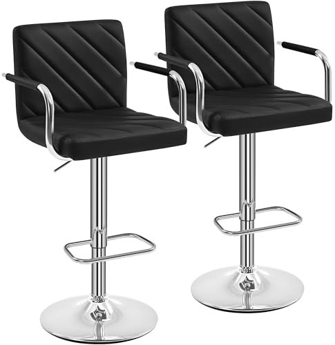 Yaheetech Lot de 2 Tabourets de Bar avec Accoudoirs Réglables en Hauteur Siège Rotatif sur 360°, Chaises de Bar en Similicuir et Pied en Métal, Tabouret Haut Moderne pour Bar Salle à Manger Noir