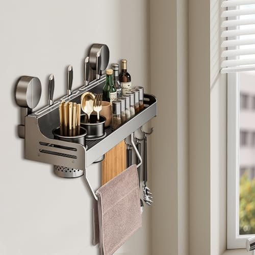 DingGreat Suction Cup Spice Rack Wall Mounted, Black 40cm, Spice Rack Organiser, Hanging Storage Shelves, Kitchen Wall Shelf for Knife, Cutlery and Towel Storage