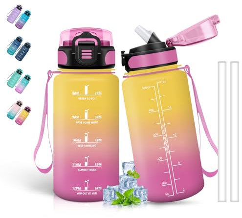Gourde- 500ml- Gourde Enfant, Gourde avec Paille, Anti-Fuite, Gourde Graduée pour 1 Journee, avec Marqueur de Temps, Gourde Sport pour Filles, Bouteille d'eau pour l'École, Voyage, Camping, Jaune-Rose