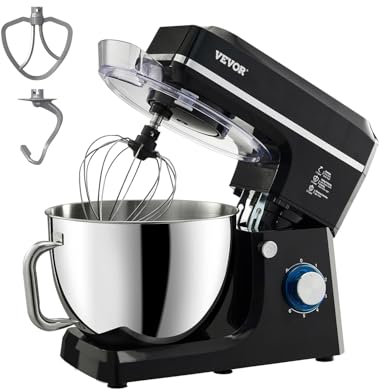 VEVOR Batidora de Masa de 7,84 L, Batidora de Alimentos con Cabezal Inclinable de 1400 W y 6 Velocidades, Tazón de Acero Inoxidable, Gancho para Masa, para Hornear y Mezclar, Negro, 450 x 268 x 362 mm