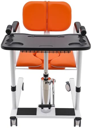 Hydraulischer Patientenlifter Transferstuhl, 41-65cm Einstellbar Sitzhöhe mit 180° Liege, Rollen, Toilettenstuhl Rollstuhl, für Pflegeheim/Krankenhaus inkl Toilettenaufsatz & Tisch​ (Orange)