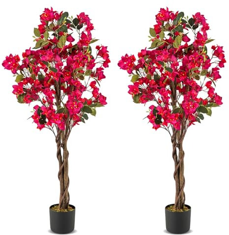 RELAX4LIFE Künstlicher Bougainvillea-Baum, 120cm Künstliche Blumenpflanze mit natürlichem Holzstamm, Kunstblumen Indoor Outdoor Pflanze Dekorationen für Huas, Büro, Hochzeit (Rosa,2)