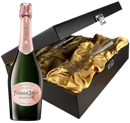 Perrier Jouet Blason Rose Champagne Champagne and Flutes in Wooden Hinged Presentation Box 75cl 12.5% abv