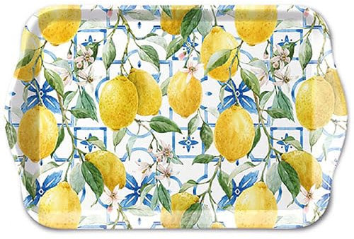 Ambiente Bandeja de melamina de 13 x 21 cm con diseño de limones, para decorar y servir, pequeña bandeja para servir café, té, desayuno, decoración de mesa de verano, jardín, bandeja decorativa
