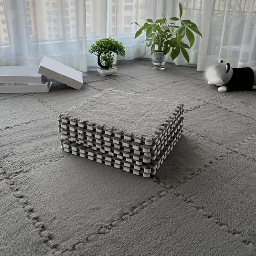 ouxei 12pcs 12x12x1cm Soft Plush Interlocking EVA Foam Carpet Tiles For Playroom(Light Gray)
