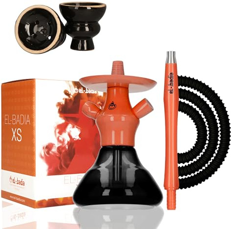 EL-BADIA XS Hookah 21cm – Shisha Compacta y Portátil de Viaje – Mini Cachimba Completa con Base de Vidrio, Columna de Aluminio, Manguera y Cazoleta Incluidos (Coral Orange)