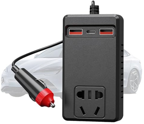 Inverter per auto con presa elettrica | Convertitore da 220 V per auto - Adattatore per batteria con controllo della temperatura, presa e caricatore portatile per campeggio, camion, computer portatile