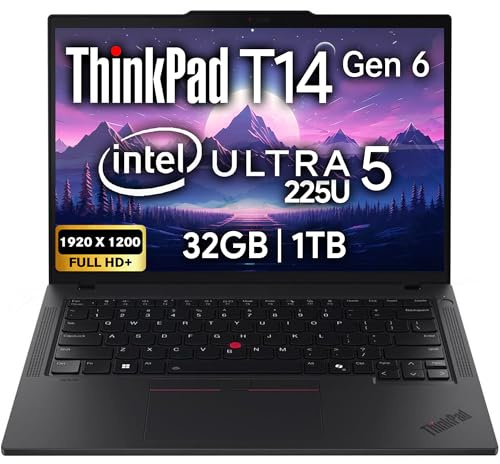 Lenovo ThinkPad T14 Business Laptop 14 FHD+, webcam da 5 MP, impronte digitali, retroilluminato, Wi-Fi 6E, 2 Thunderbolt 4, PC AI, W11P (Intel Ultra 5 225U, 32 GB RAM | SSD da 1 TB)