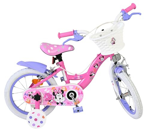 Volare Disney Minnie Cutest Ever Pink Kids Bike | Ages 3.5-5 | 14 Inch Wheel | 2 Handbrakes (Front & Back), Removable Stabilisers & Pedal Reflectors | Adjustable Height | Handlebar Basket | Girls Gift