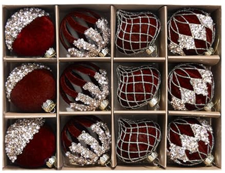 12 Stück Burgunderrote Samtkugeln, Glitzernde Beflockte Strasskugel, Samt Weihnachtsschmuck, Rot Grüne Weihnachtsbaumkugeln Als Dekoration, Für Wandhaus Innen Außenkamin