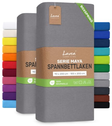 Lavea® 2er Pack Spannbettlaken 90/100x200cm – Mittelgrau | 100% Baumwolle – Für Boxspringbetten und Wasserbetten – Für Matratzen bis ca. 35 cm Höhe – Formstabil