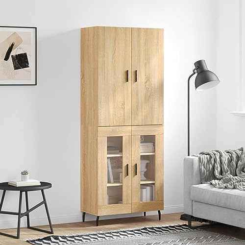 Qnhdfrt Highboard Sonoma-Eiche 69,5x34x180 cm Holzwerkstoff mit Glastüren und Metallfüßen Modernes Sideboard Wohnzimmer Vitrine Stauraummöbel für Living Room Corridor Bedroom