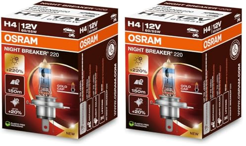 Osram NIGHT BREAKER 220, H4, 220% mehr Helligkeit, Halogen-Scheinwerferlampe, 64193NB220, Faltschachtel (1 Lampe) (Packung mit 2)