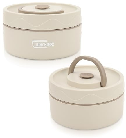 Hapivida Food Thermo, 304 Stainless Steel Double Layer Soup Container Portable Round Shape Insulated Lunch Food Jar Wide Mouth Bento Box 420ml for Work, School, Outdoor Dining (Insulated-Beige*2Pcs)