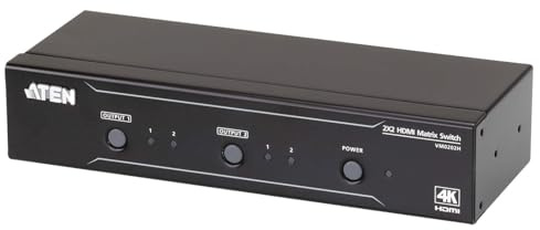ATEN 2x2 4K HDMI Matrix Switch VM0202H, HDMI (3D, Deep Color, 4k); HDCP 1.4 Compatible, 10.2 Gbps, front panel push buttons, IR remote & RS- 232 control, distance transmission 15M, UK, 2 x 2