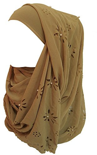 Lina & Lily Chiffon Hijab Kopftuch Schal mit Blumen und Perlen für muslimische Frauen (Kamel)