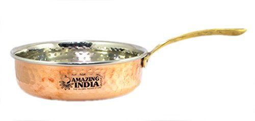 Amazingindiaonline Indian Copper Hand Hammered Copper Specialty Stir-Fry Wok Pot Pan with Brass Handle | 6.3'' Inch Width