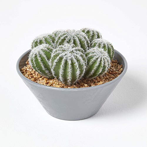 Homescapes Arreglo de cactus artificiales de barril redondo realista en maceta de melamina gris, planta artificial de 17 cm de alto para decoración de interiores