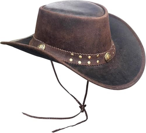 Brandslock Mens Vintage Black and Brown Wide Brim Cowboy Aussie Style Western Bush Hat (Large Brown)