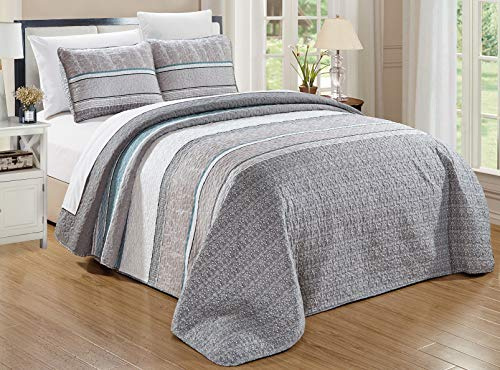 GrandLinen - 3-Piece Fine Printed Oversized King Size (115 X 95) Light Weight Quilt Set Reversible Bedspread All-Season Coverlet Bed Cover (Grey, Teal Blue, White, Stripe)