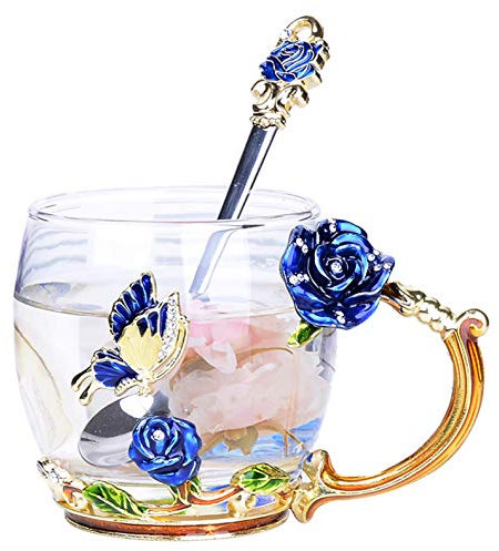 XuanMax Blau Rosen Blumen Emaille Kaffeetassen mit Löffel Schmetterling Becher aus Kristallglas Bleifreies Handgefertigtes Transparentes Glas Teetassen Geschenke zum Geburtstag - Kurz