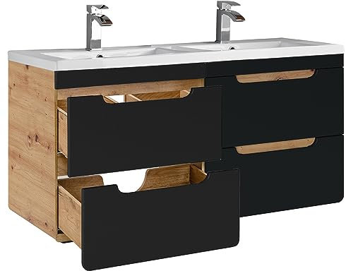 Lomadox Badmöbel Waschtisch Set in seidenmatt anthrazit & Wotan Eiche Nb., Keramik-Waschbecken, 120 cm Waschtischunterschrank, 4 Softclose-Schubkästen