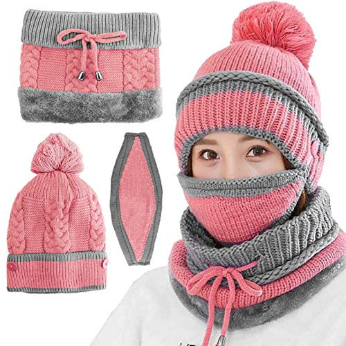 Mütze und Schal Set für Damen 3 in 1, Rosa Strickmütze Wintermütze Bommelmütze Schals mit Fleecefutter, Thermal Winter Mädchen Frauen Beanie Mützen Nackenwärmer für Weihnachten Geburtstag Geschenke