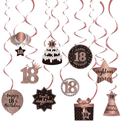 Happy 18th Birthday Party Hanging Swirls Streams Ceiling Decorations, Celebration 18 Foil Hanging Swirls with Cutouts for 18 Years Old Pink and Gold Birthday Party Decorations Supplies