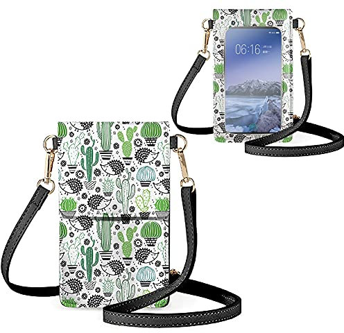 Biyejit Kleine Crossbody Handytasche für Frauen Handy Schultertaschen Kartenhalter Brieftasche Geldbörse Touchscreen Tasche, Igel-Kaktus