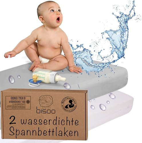 Bisoo Spannbettlaken 80x160-2in1 wasserdichte Bettlaken 80 x 160 Kinder - 2in1 Spannbetttuch Matratzenschoner für Kinderbett Juniorbett 100% Baumwolljersey Öko-Tex - 2 Stück Set Weiß + Grau 160x80