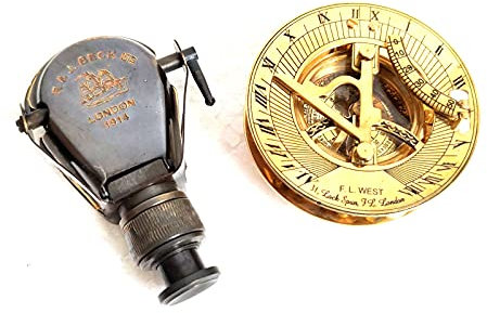Black & Golden Sonnenuhr-Kompass mit rundem Sonnenuhr, massives Messing, mit schwarzem antikem Messing-Fernglas, 7,6 cm