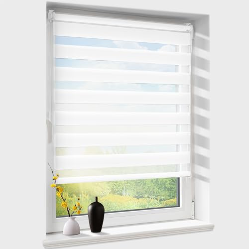 Doppelrollo klemmfix ohne Bohren, Duo Rollos für Fenster & Tür mit Bohren, Version 2026 Weiß B45 x H200cm (Stoffbreite 45 cm), Fensterrollo lichtdurchlässig & verdunkelnd, Klemmrollo Sonnenschutz