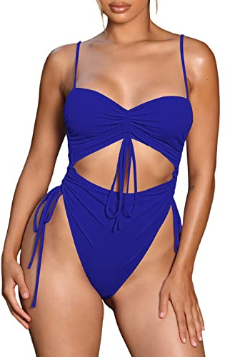 Viottiset Women's Drawstring Cut Out One Piece Swimsuit Cheeky Bathing Suit Monokini Blue Medium
