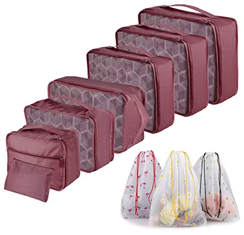Sciphylia Organisateur Valise Lot de 10 Organisateur de Voyage de Rangement Imperméables Pochettes de Rangement pour Vêtements Chaussures Sous-vêtements Cosmétiques Sacs pour Femmes Hommes Vin Rouge